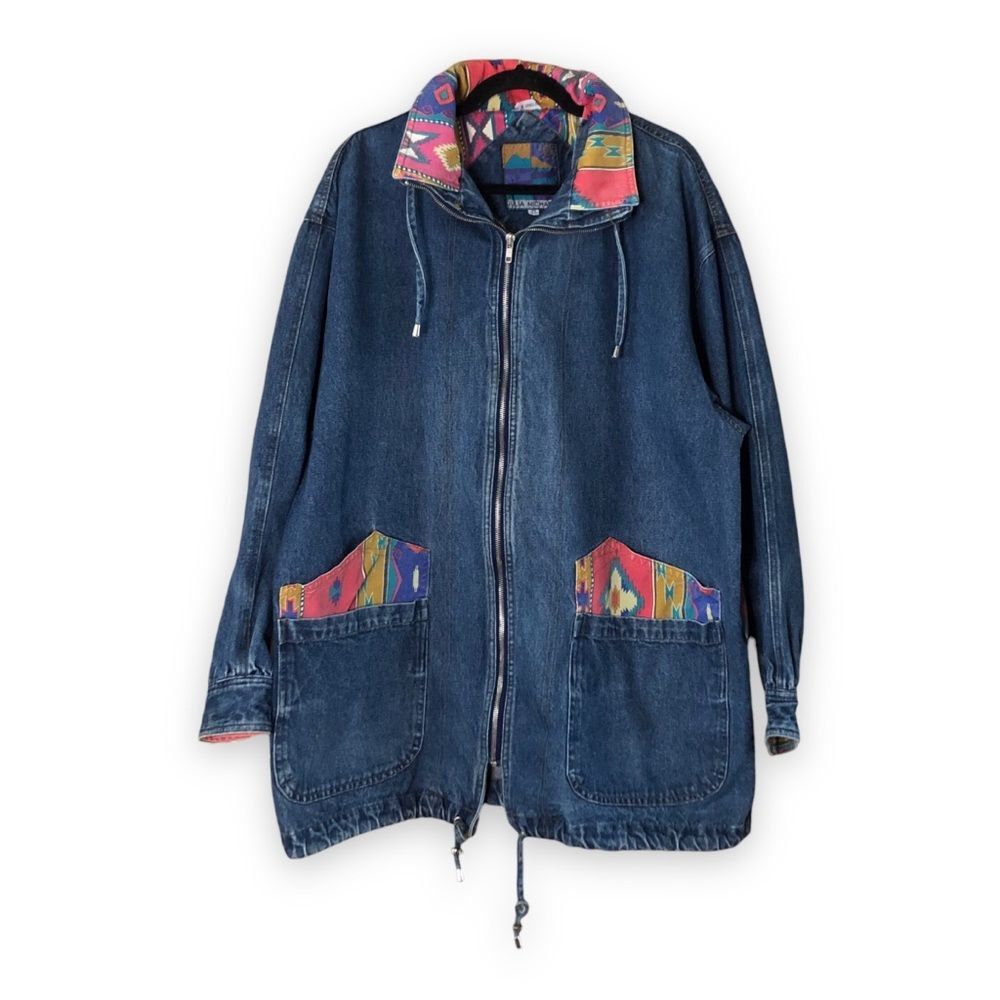 Vintage 80s 90s Julia Michaels Southwest Aztec Print Jean Jacket Size 3X